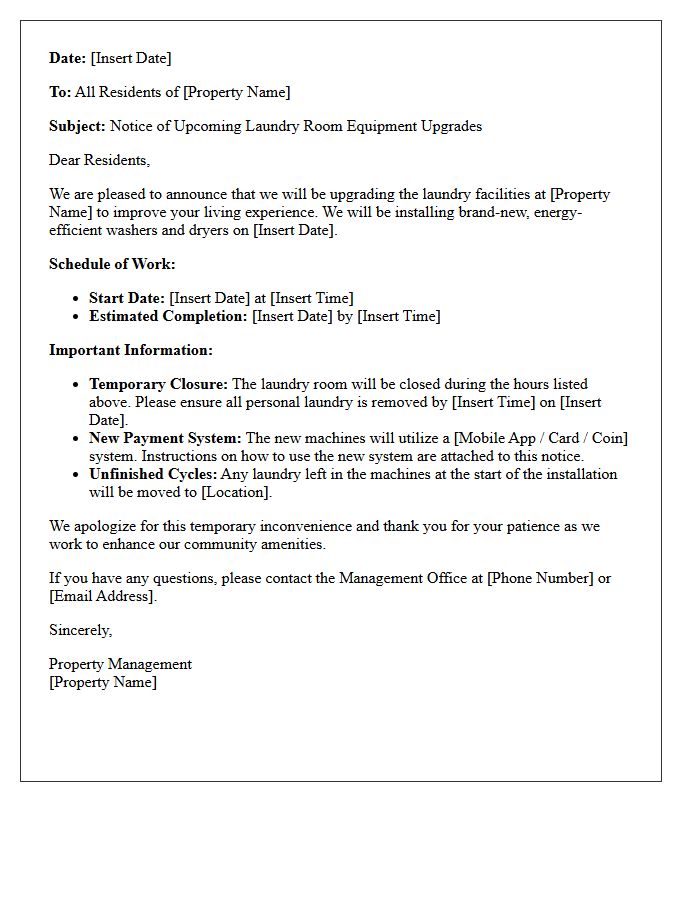 Property Management Letter for Upcoming Laundry Room Equipment Upgrades