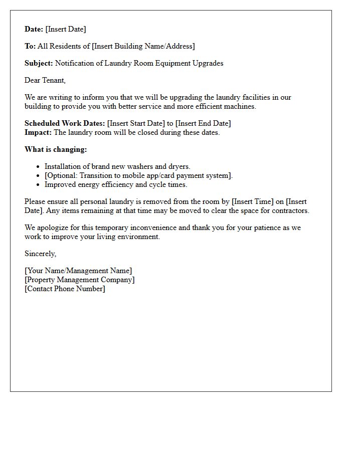 Tenant Notification Letter Regarding Laundry Room Equipment Upgrades