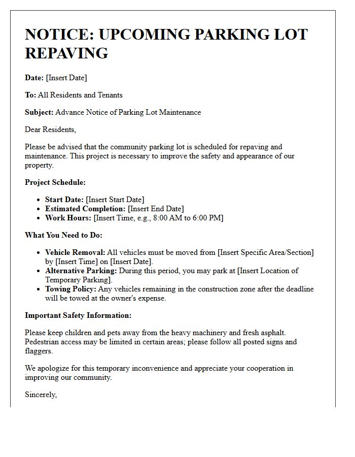 Advance Notice Letter for Community Parking Lot Repaving