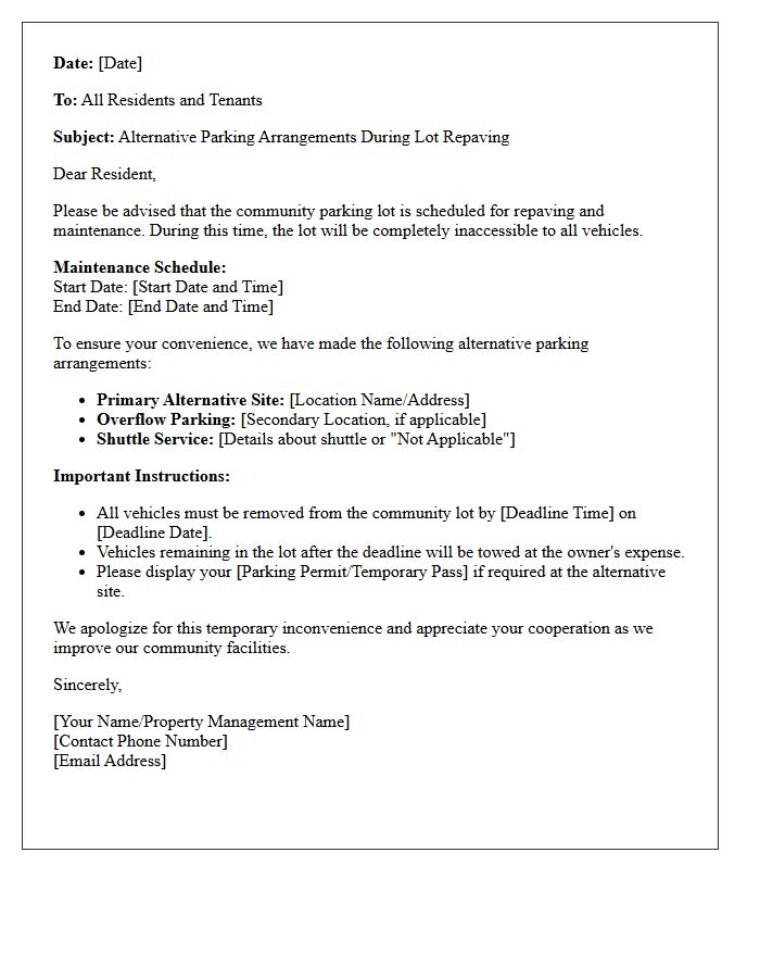Alternative Arrangement Letter for Community Parking Lot Repaving