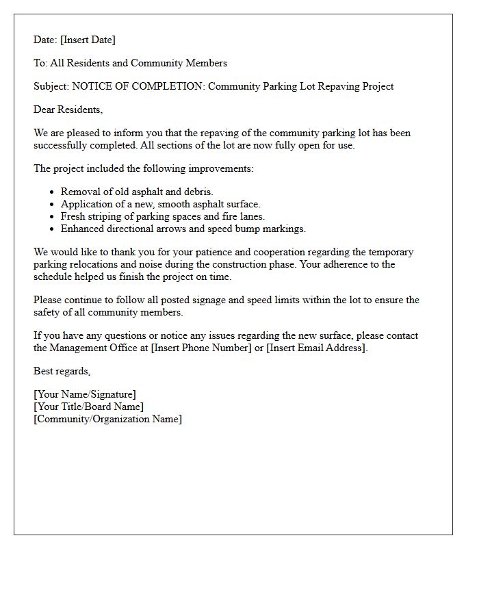 Completed Project Letter for Community Parking Lot Repaving