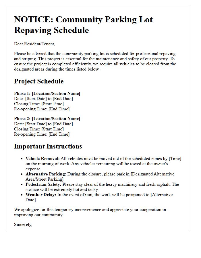 Detailed Schedule Letter for Community Parking Lot Repaving