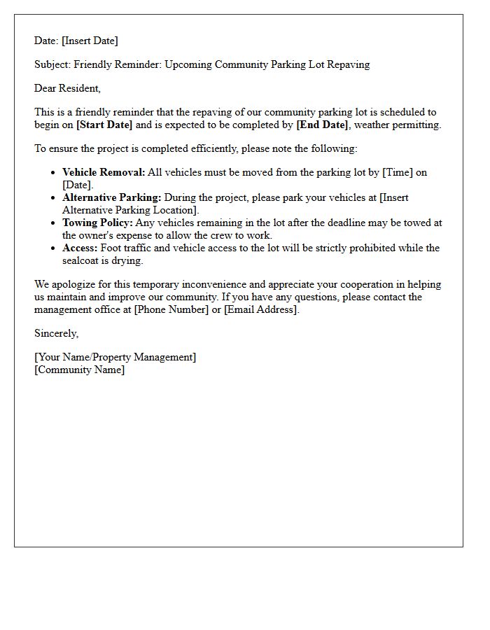 Friendly Reminder Letter for Community Parking Lot Repaving
