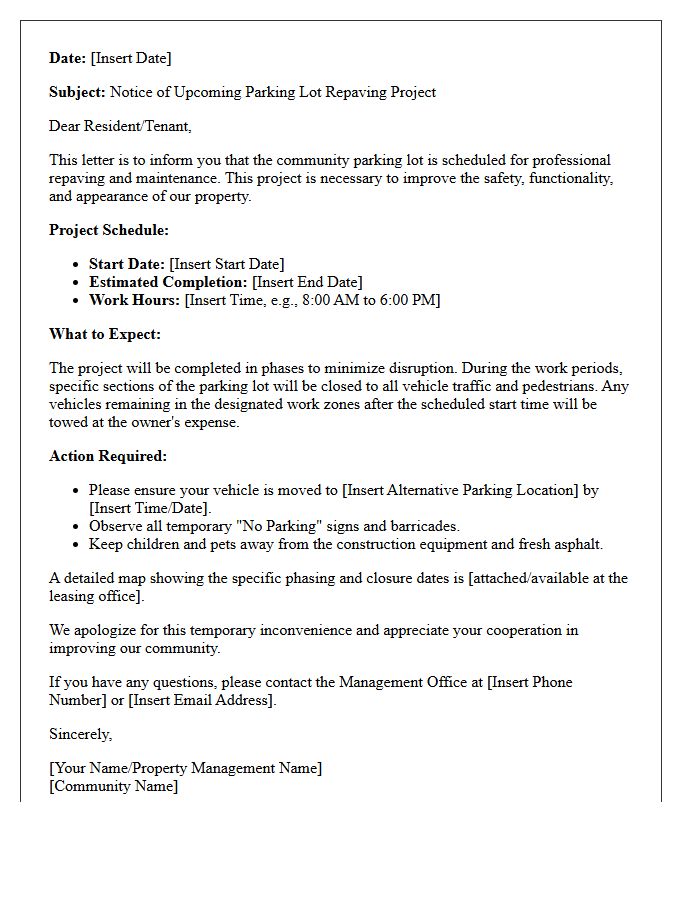 Initial Community Parking Lot Repaving Announcement Letter