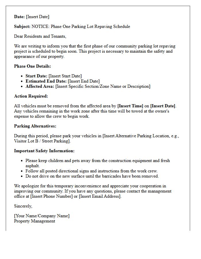 Phase One Announcement Letter for Community Parking Lot Repaving