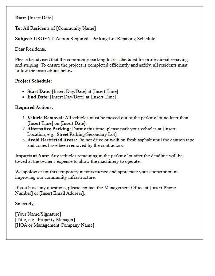 Resident Action Letter for Community Parking Lot Repaving