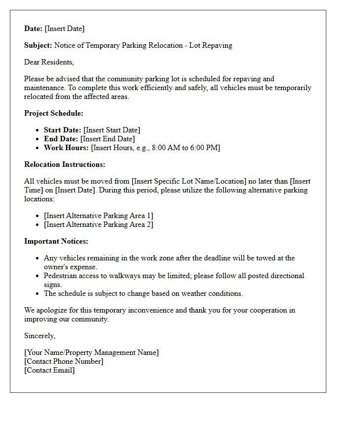 Temporary Relocation Letter for Community Parking Lot Repaving