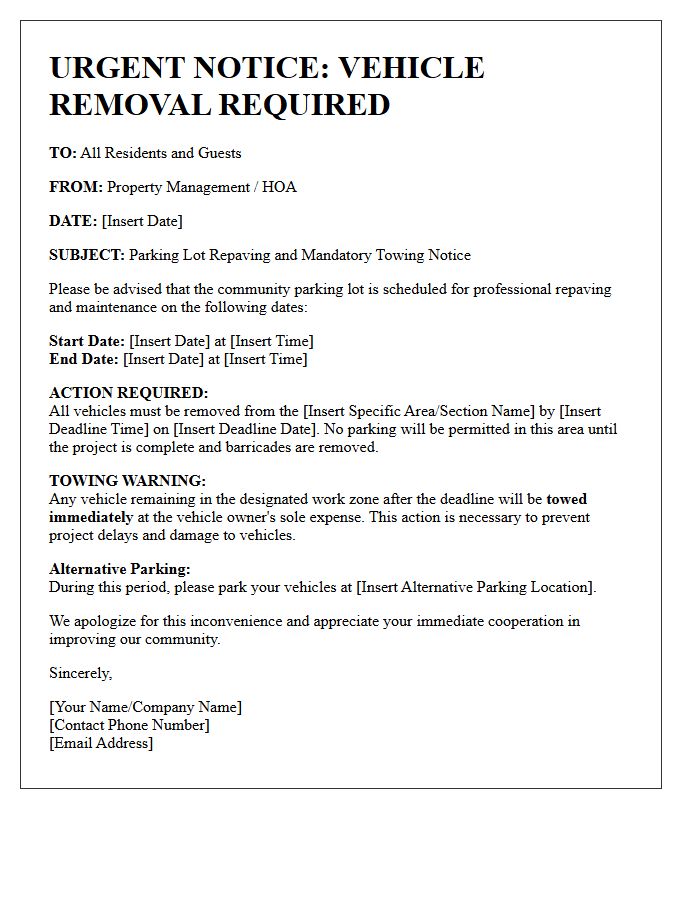 Urgent Towing Letter for Community Parking Lot Repaving