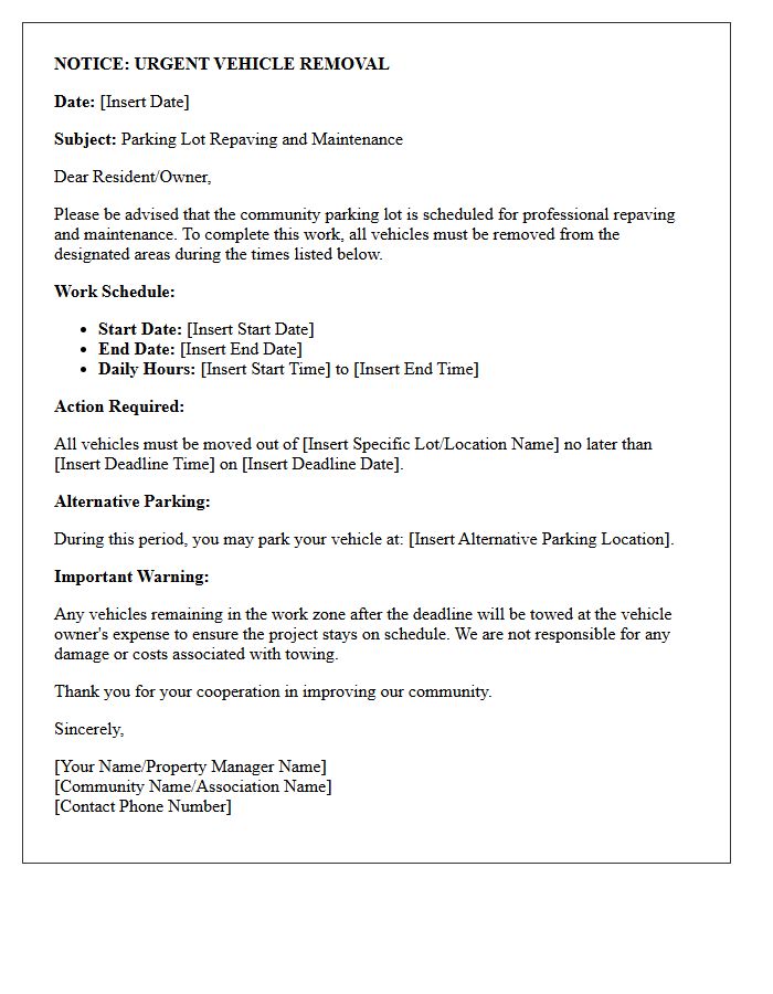 Vehicle Removal Letter for Community Parking Lot Repaving