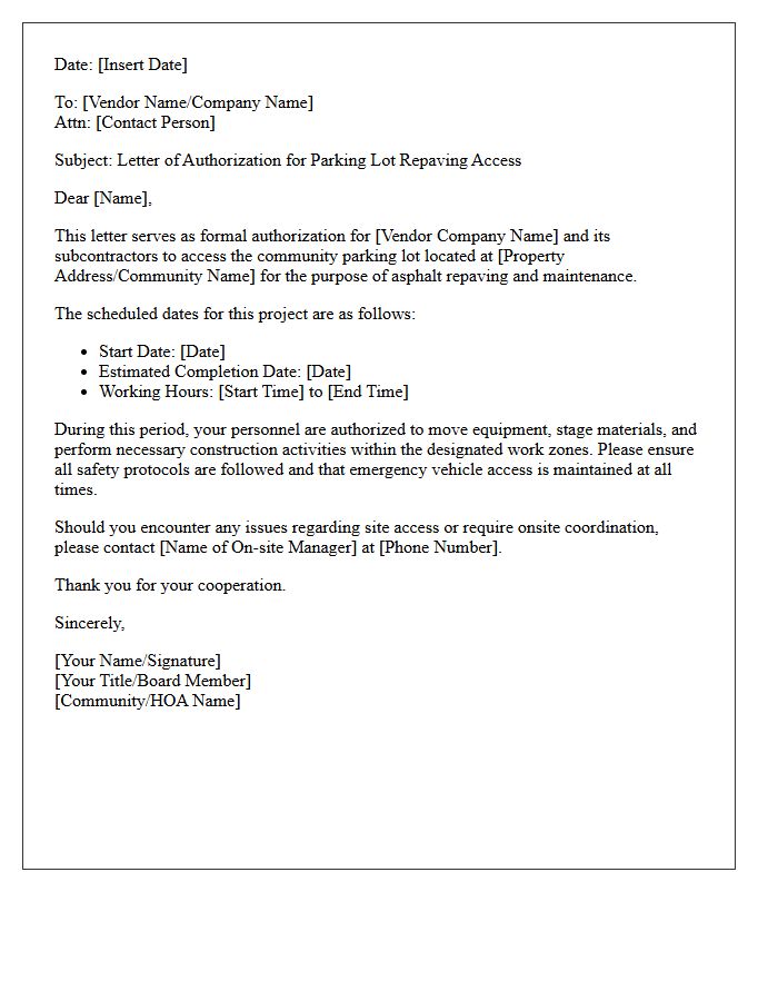 Vendor Access Letter for Community Parking Lot Repaving