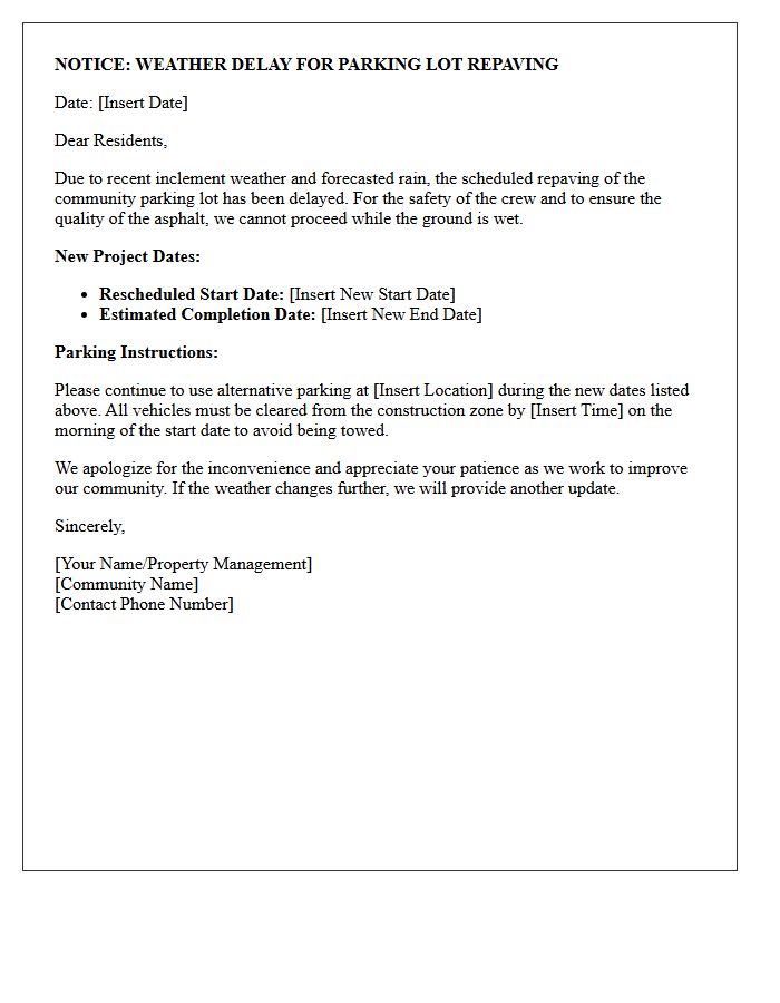Weather Delay Letter for Community Parking Lot Repaving
