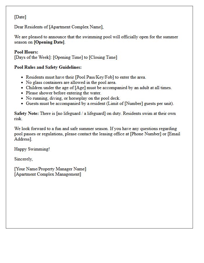 Apartment Complex Pool Opening Information Letter