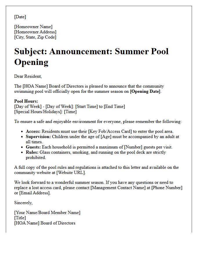 Homeowners Association Letter Announcing Summer Pool Opening