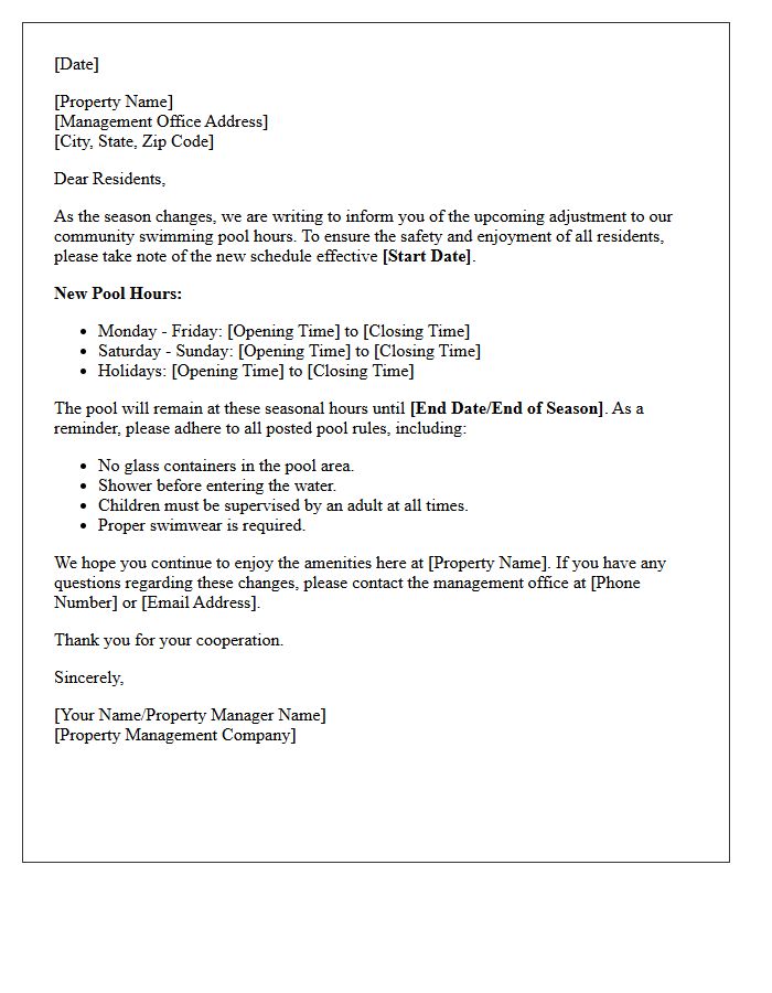 Letter to Residents Regarding Seasonal Pool Hours