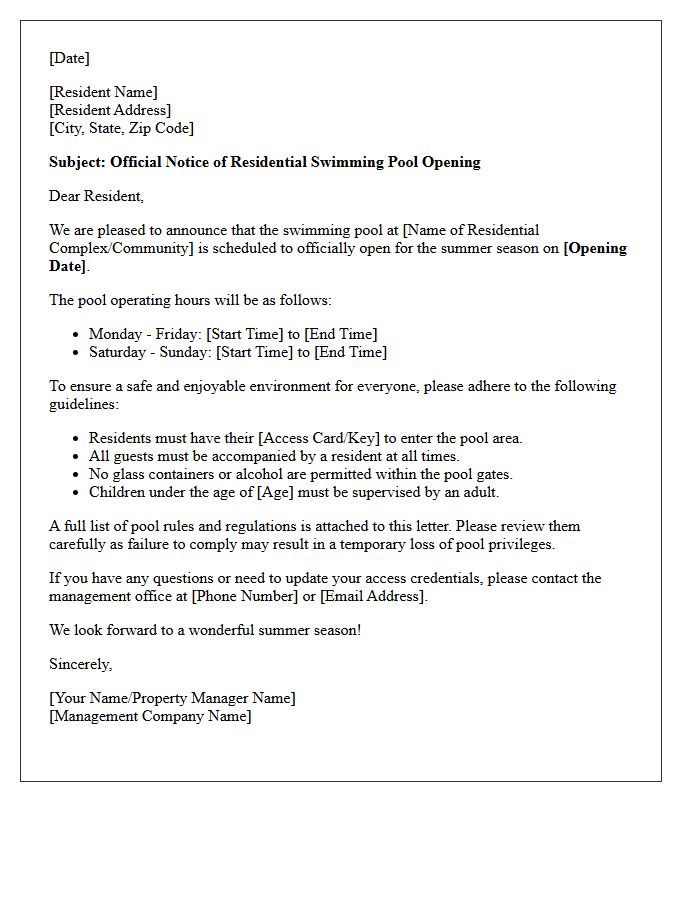 Official Letter for Residential Swimming Pool Opening