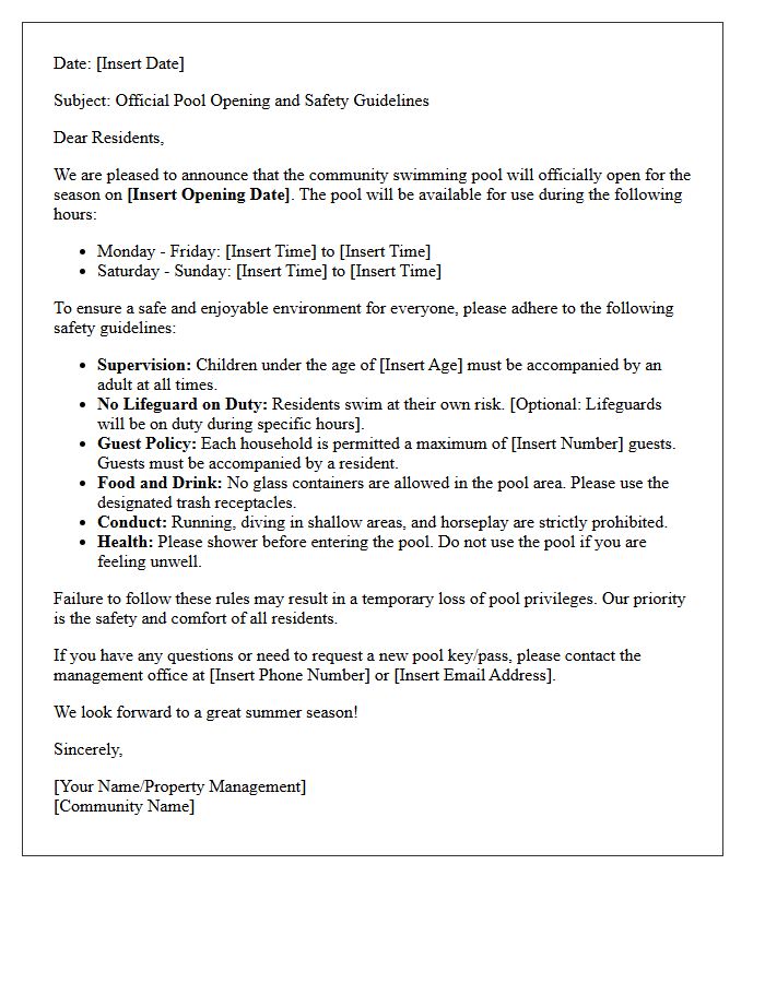 Pool Opening and Safety Guidelines Announcement Letter