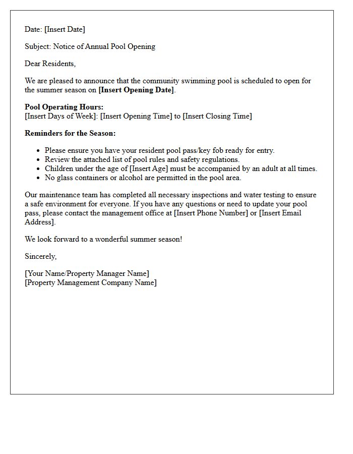 Property Management Letter for Annual Pool Opening