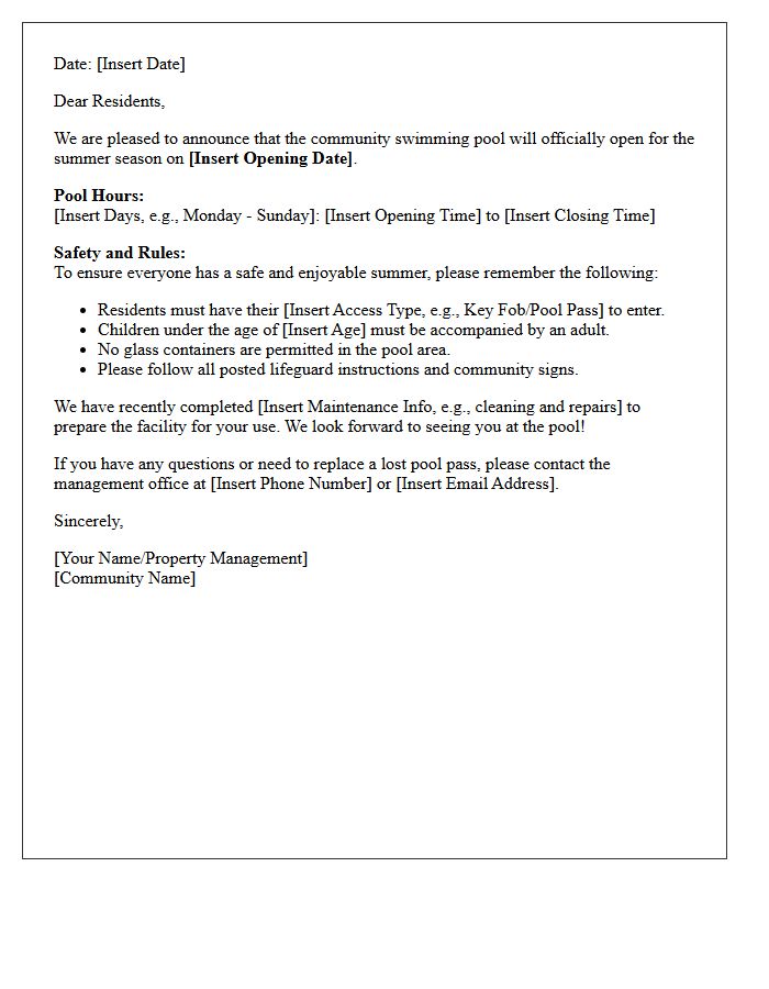 Resident Letter Regarding Summer Pool Opening Dates