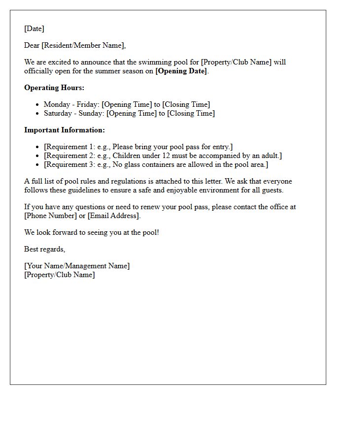 Seasonal Swimming Pool Opening Announcement Letter