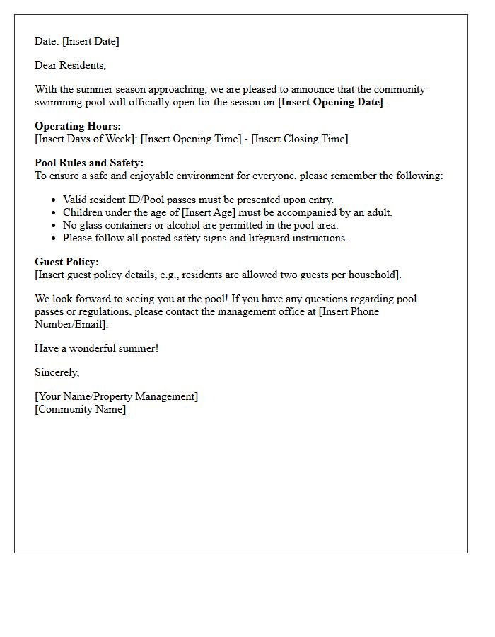 Summer Amenity Opening Letter for the Swimming Pool