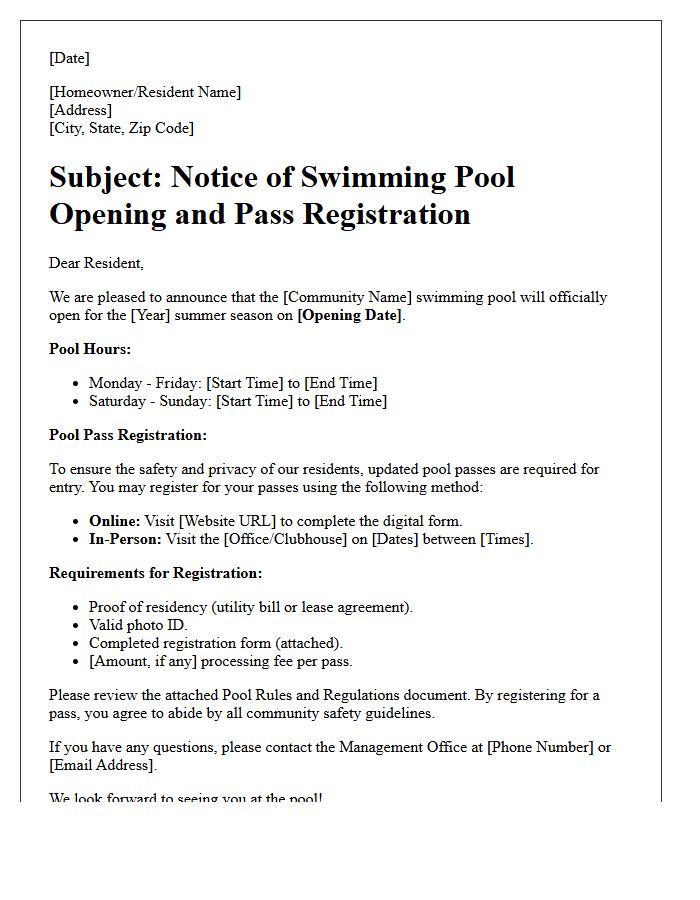 Swimming Pool Opening and Pass Registration Letter