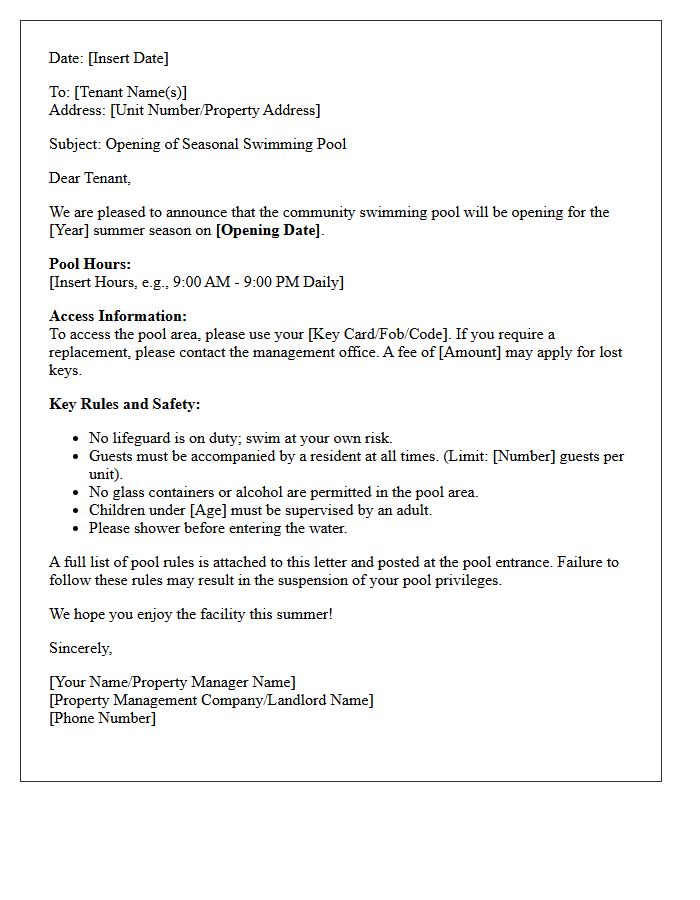 Tenant Letter for Seasonal Swimming Pool Access