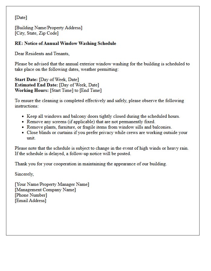 Annual Window Washing Schedule Notice Letter