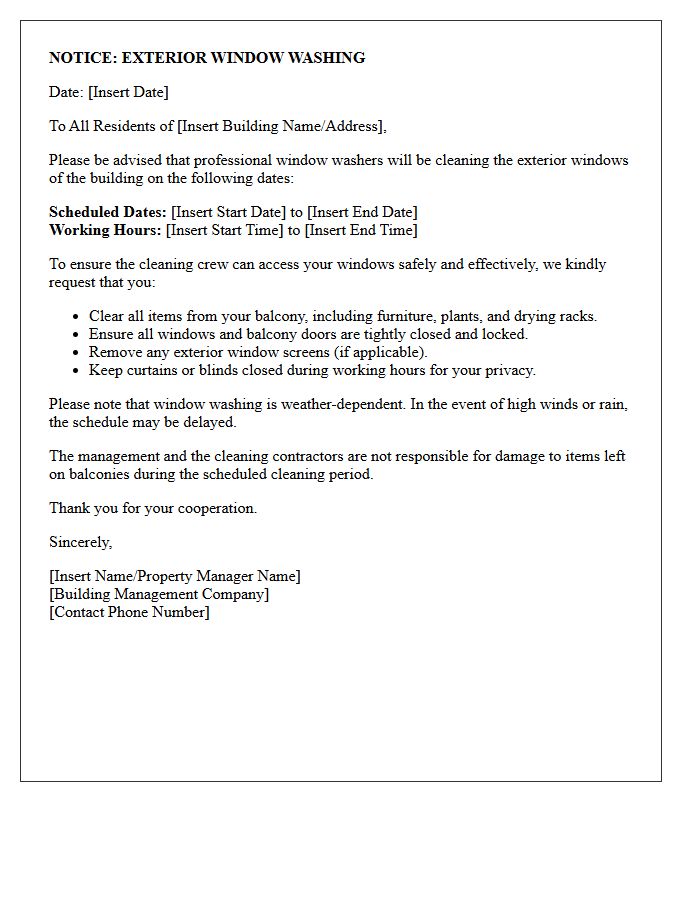 Balcony Clearance for Window Washing Notice Letter