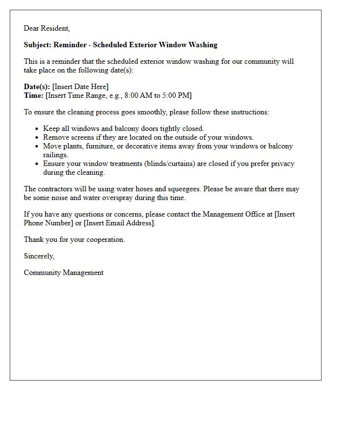 Community Exterior Window Washing Reminder Letter