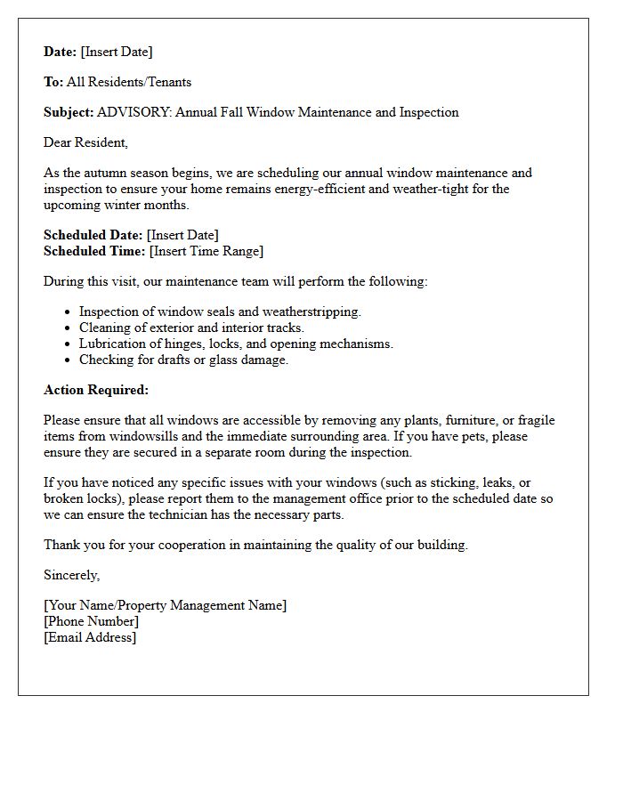 Fall Annual Window Maintenance Advisory Letter