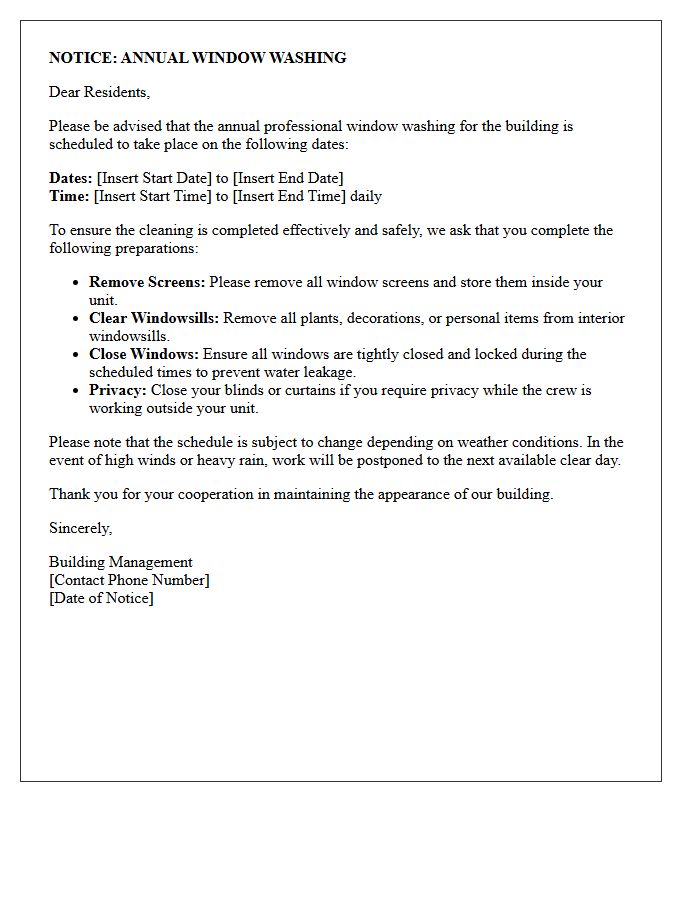Resident Preparation for Annual Window Washing Letter