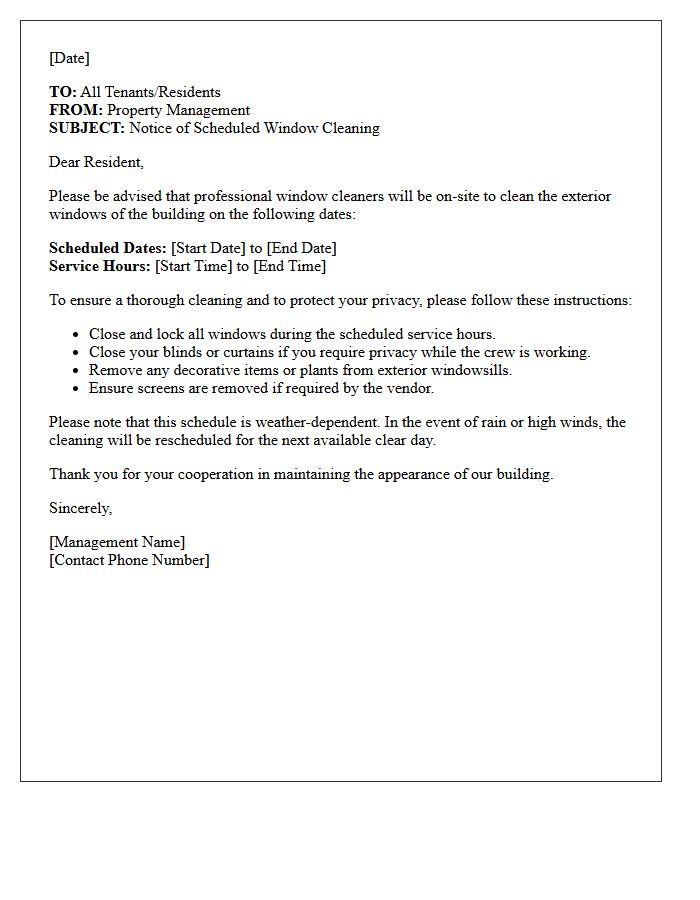 Scheduled Vendor Window Cleaning Notice Letter