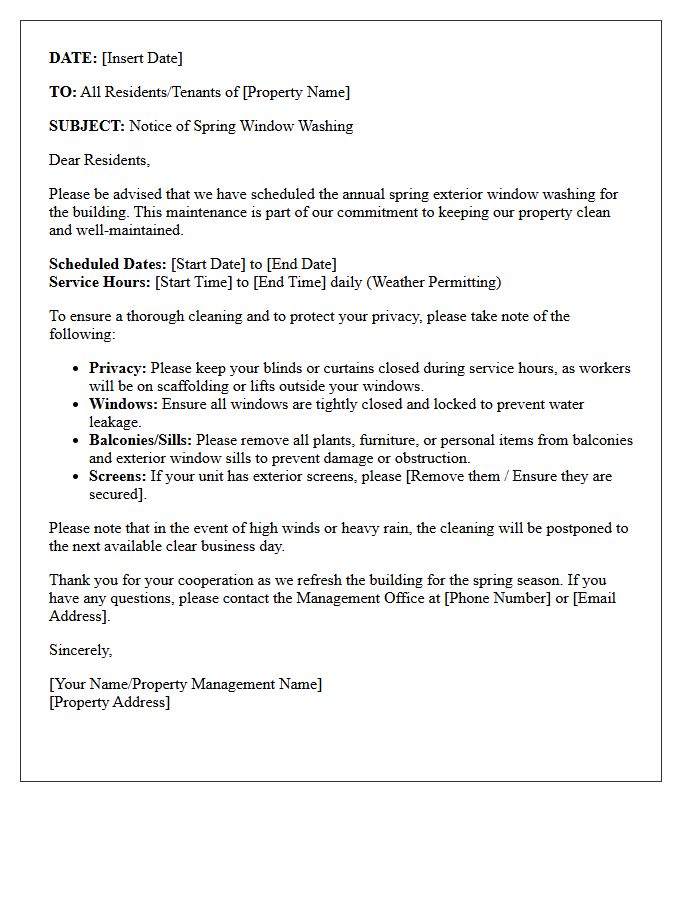 Spring Property Window Washing Notification Letter