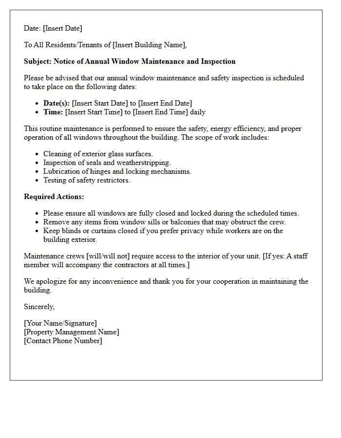Upcoming Annual Window Maintenance Schedule Letter