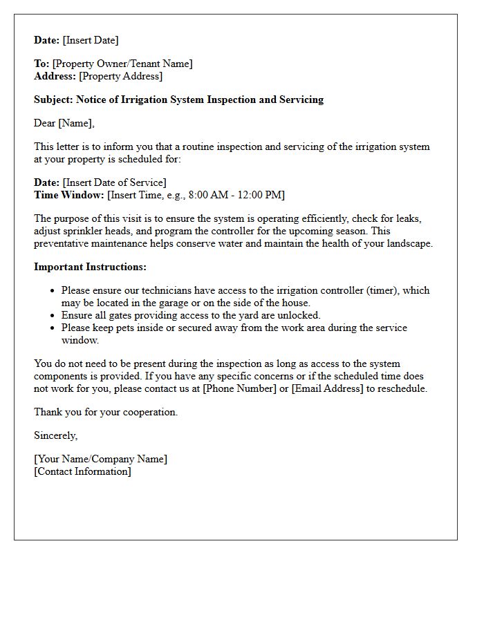 Irrigation System Inspection and Servicing Notice Letter