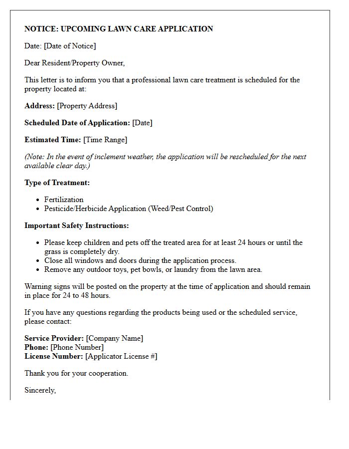 Lawn Fertilization and Pesticide Application Notice Letter