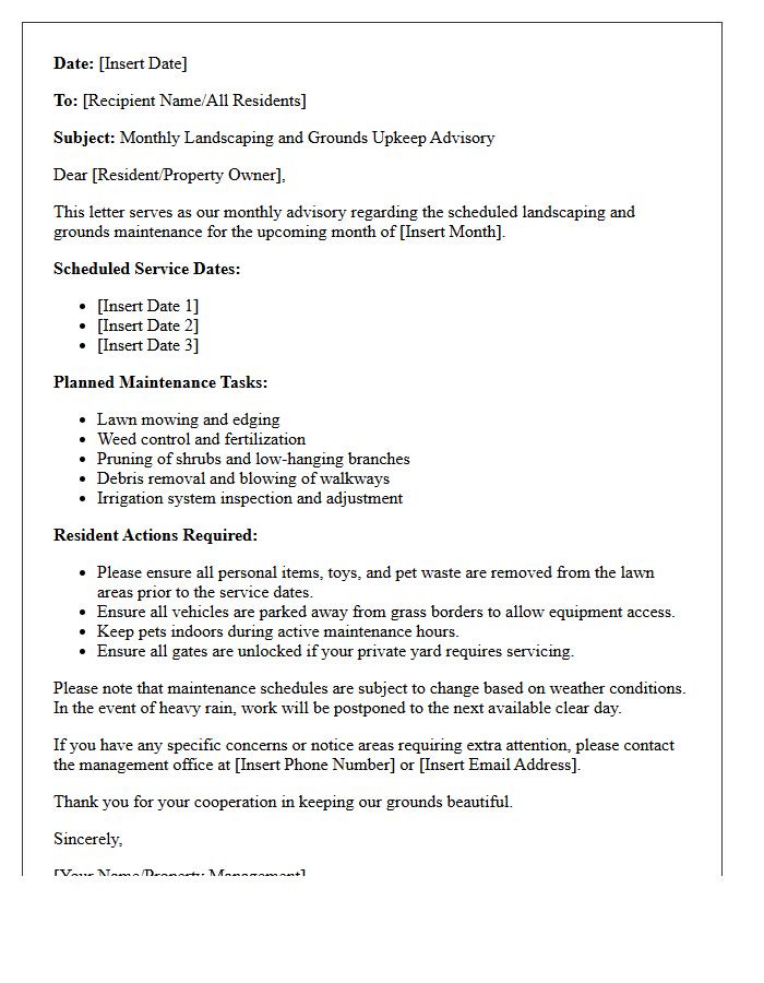 Monthly Landscaping and Grounds Upkeep Advisory Letter