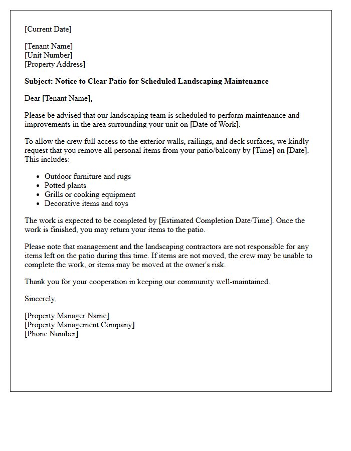 Patio Clearing Request for Landscaping Access Letter