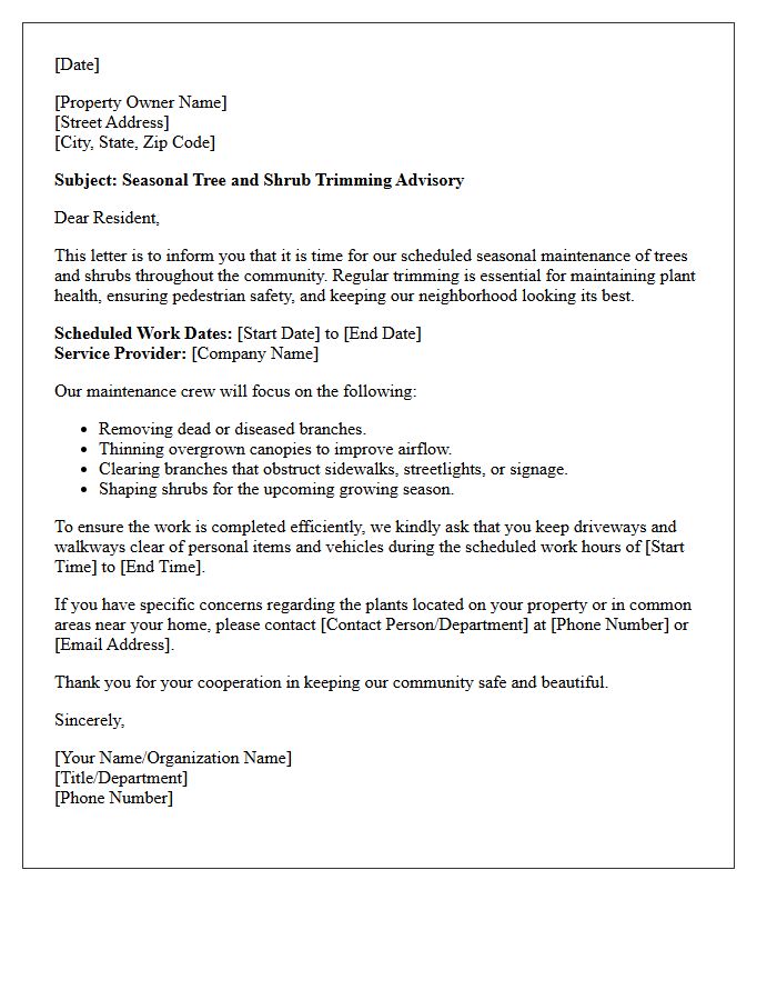 Seasonal Tree and Shrub Trimming Advisory Letter