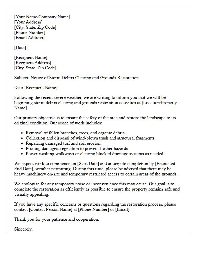 Storm Debris Clearing and Grounds Restoration Letter