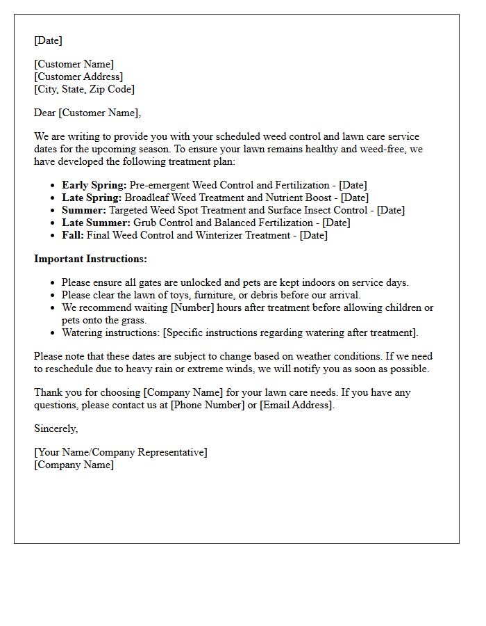 Weed Control Treatment and Lawn Care Schedule Letter