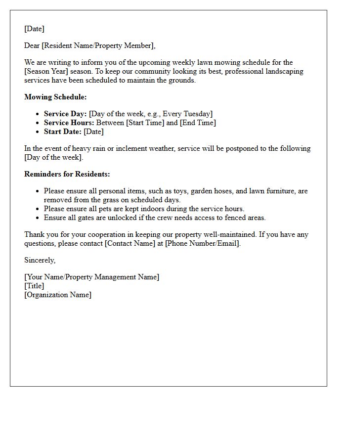 Weekly Lawn Mowing Schedule Announcement Letter