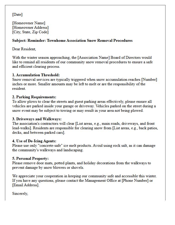 Townhome Association Snow Removal Procedure Reminder Letter