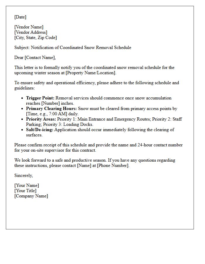 Vendor Coordinated Snow Removal Schedule Notification Letter