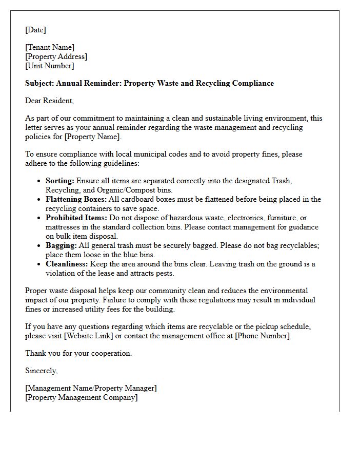 Annual Reminder Letter For Property Waste And Recycling Compliance