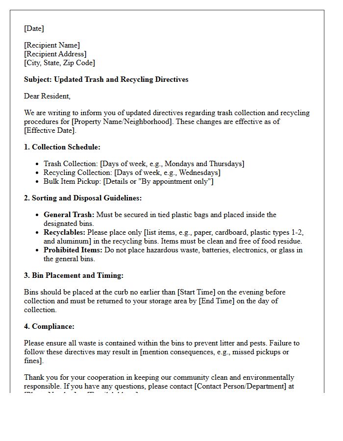 Informational Letter Detailing Updated Trash And Recycling Directives