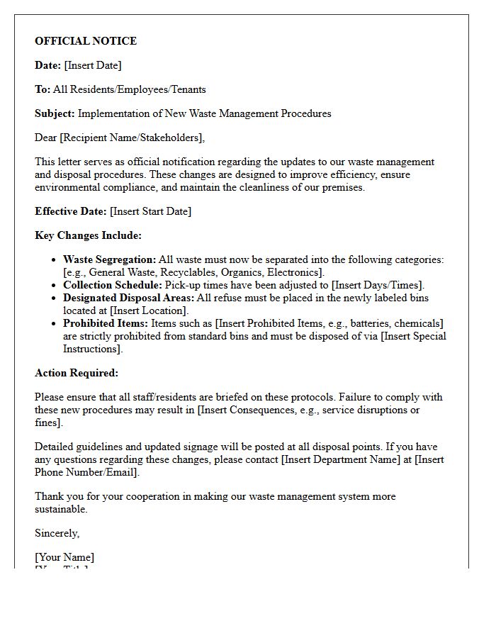 Official Notice Letter For New Waste Management Procedures