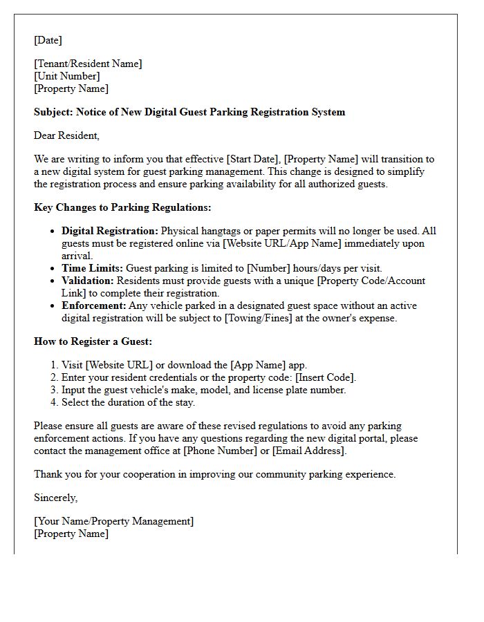 Digital System Transition Letter for Notice of Revised Guest Parking Regulations