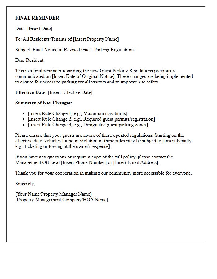 Final Reminder Letter for Notice of Revised Guest Parking Regulations