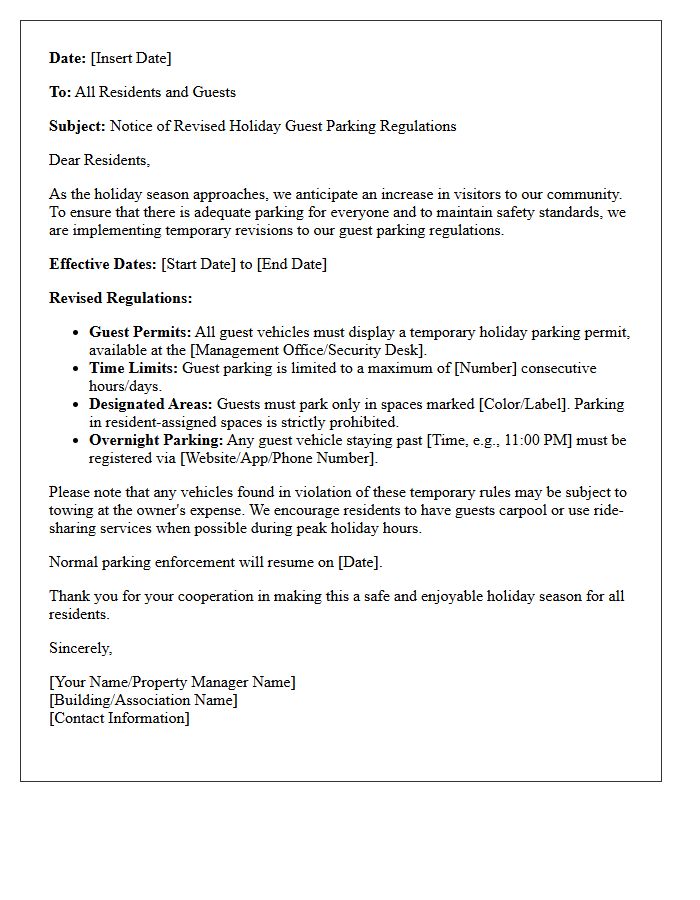 Holiday Schedule Letter for Notice of Revised Guest Parking Regulations